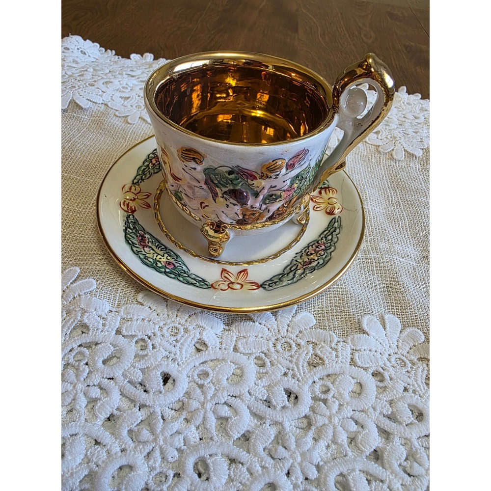Capodimonte Italy Gold Gilt Cherub Relief Footed Tea Cup and Saucer Set Vintage